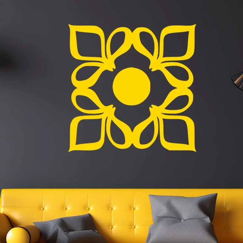 Yellow Moroccan Four petal Wall Sticker on a Dark Grey Wall Above a Yellow Sofa with Grey Cushions | Stickers on Wall