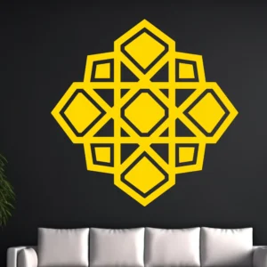 Yellow Moroccan Interlace Wall Sticker with an Eight-point Geometric Pattern on a Dark Wall Above a Modern Sofa.