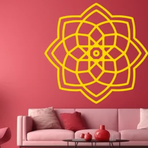 Yellow Moroccan Knotwork Rosette Wall Sticker on a Red Wall Above a Pink Sofa with Red Cushions and Red Decor on a Coffee Table.