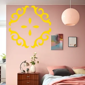 Yellow Moroccan Ornamental Scroll Wall Sticker on a Blush Pink Bedroom Wall Above a Bed, with a Round Pendant Light and Framed Wall Art.