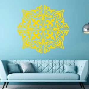 Yellow Moroccan Scrollwork Wall Decal on a Light Blue Wall Above a Blue Sofa.