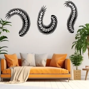 Black Feather Trio Wall Sticker on White Wall Above an Orange Sofa with House Plants