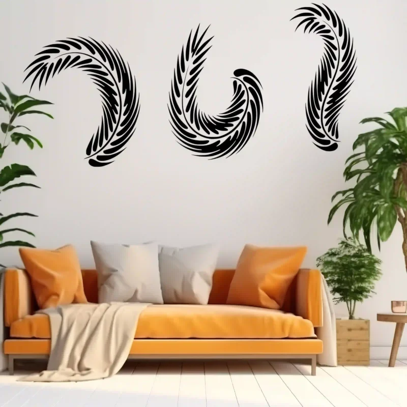 Black Feather Trio Wall Sticker on White Wall Above an Orange Sofa with House Plants | Stickers on Wall