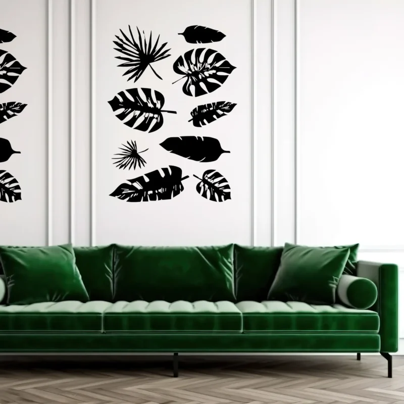 Black Tropical Leaf Wall Sticker Set Arranged Above a Green Sofa on a White Panelled Wall | Stickers on Wall