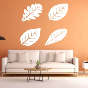 Botanical Leaf Sticker Set in White Vinyl on Orange Wall Above Modern Sofa