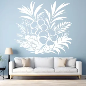 Hibiscus Tropical Wall Sticker in White Above a Light Grey Sofa on a Blue Wall
