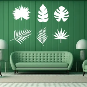Jungle Leaf Wall Sticker Set of Six Tropical Leaves Above a Green Sofa on a Dark Green Panelled Wall