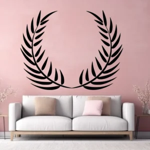 Laurel Wreath Wall Sticker in Black Above a White Sofa on a Soft Pink Wall