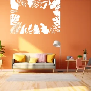Leaf Frame Wall Sticker Tropical Border Design Above a Sofa on a Warm Orange Wall in a Modern Living Room