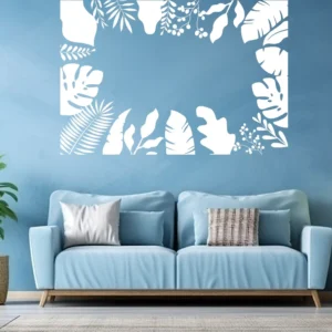 Leaf Frame Wall Sticker with Tropical Foliage Border Above a Blue Sofa on a Light Blue Wall