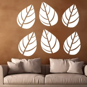Minimal Leaf Set Wall Sticker (6 Pieces) in White on a Warm Brown Wall Above a Beige Sofa
