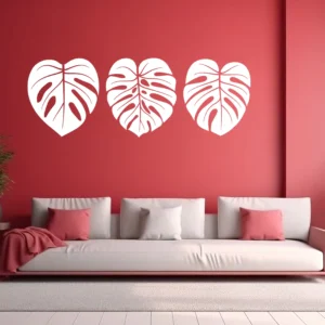Monstera Leaf Wall Sticker Trio in White on Bold Red Living Room Feature Wall