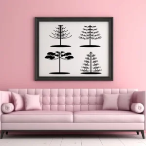 Pine Tree Set Wall Sticker (4 Pieces) Framed on a Blush Pink Wall Above a Pink Sofa