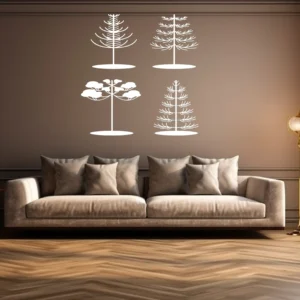 Pine Tree Set Wall Sticker (4 Pieces) in White on a Warm Brown Wall Above a Neutral Sofa