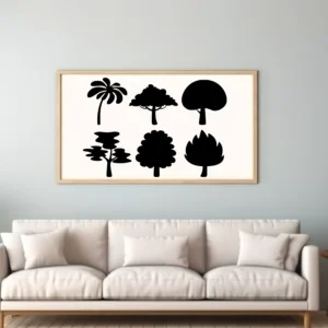 Tree Set Wall Sticker (6 Pieces) Framed Artwork Style Above a Neutral Sofa on a Light Grey Wall