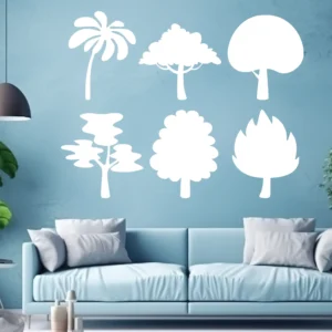 Tree Set Wall Sticker (6 Pieces) in White on a Blue Wall Above a Modern Sofa