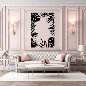 Tropical Frame Wall Sticker in Black on Blush Pink Panelled Wall Above a Classic Sofa