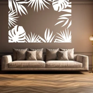 Tropical Frame Wall Sticker in White on Warm Brown Wall Above a Neutral Sofa