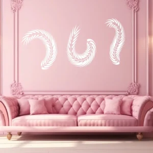 White Feather Trio Wall Sticker on Blush Pink Wall Above a Tufted Pink Sofa