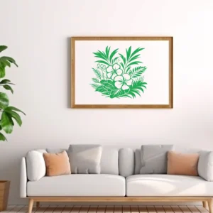 White Hibiscus Tropical Wall Sticker Above a Curved Beige Sofa on a Sage Green Wall