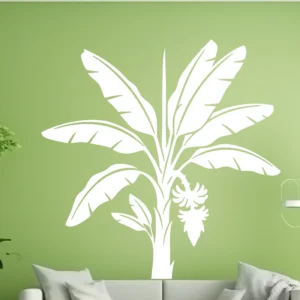 Banana Tree Wall Sticker in White Peel and Stick Vinyl on Light Green Feature Wall in Modern Living Room