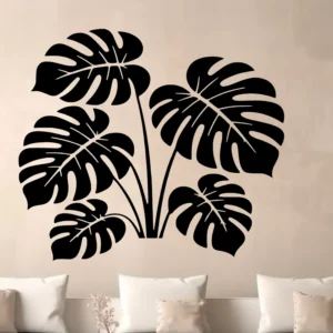 Black Monstera Leaf Cluster Wall Sticker Above Neutral Sofa in Modern Living Room