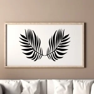 Black Tropical Palm Leaf Arch Wall Sticker Displayed in Frame Above Sofa on Neutral Wall