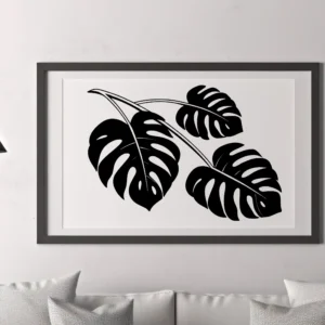 Monstera Leaf Branch Wall Sticker Displayed As Framed Wall Art Above Modern Living Room Sofa