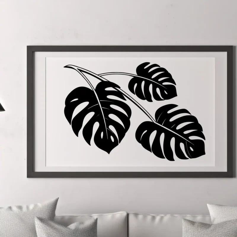 Monstera Leaf Branch Wall Sticker Displayed As Framed Wall Art Above Modern Living Room Sofa | Stickers on Wall