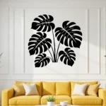 Monstera Leaf Cluster Wall Sticker Above Yellow Sofa in Decorative Panelled Living Room | Stickers on Wall