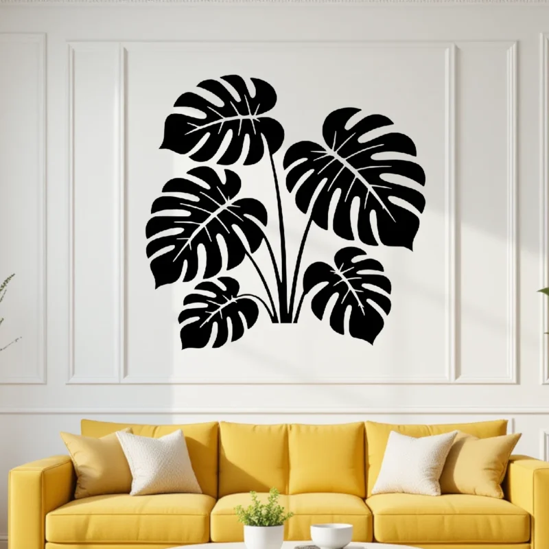 Monstera Leaf Cluster Wall Sticker Above Yellow Sofa in Decorative Panelled Living Room | Stickers on Wall