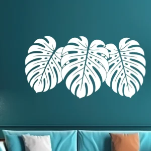 Oversized Monstera Wall Sticker in White on Dark Teal Living Room Feature Wall