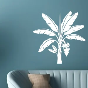 Tropical Banana Tree Wall Sticker in White Vinyl Above Blue Living Room Sofa