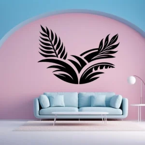 Tropical Botanical Wall Sticker in Black on a Pink Arched Feature Wall Above a Light Blue Sofa
