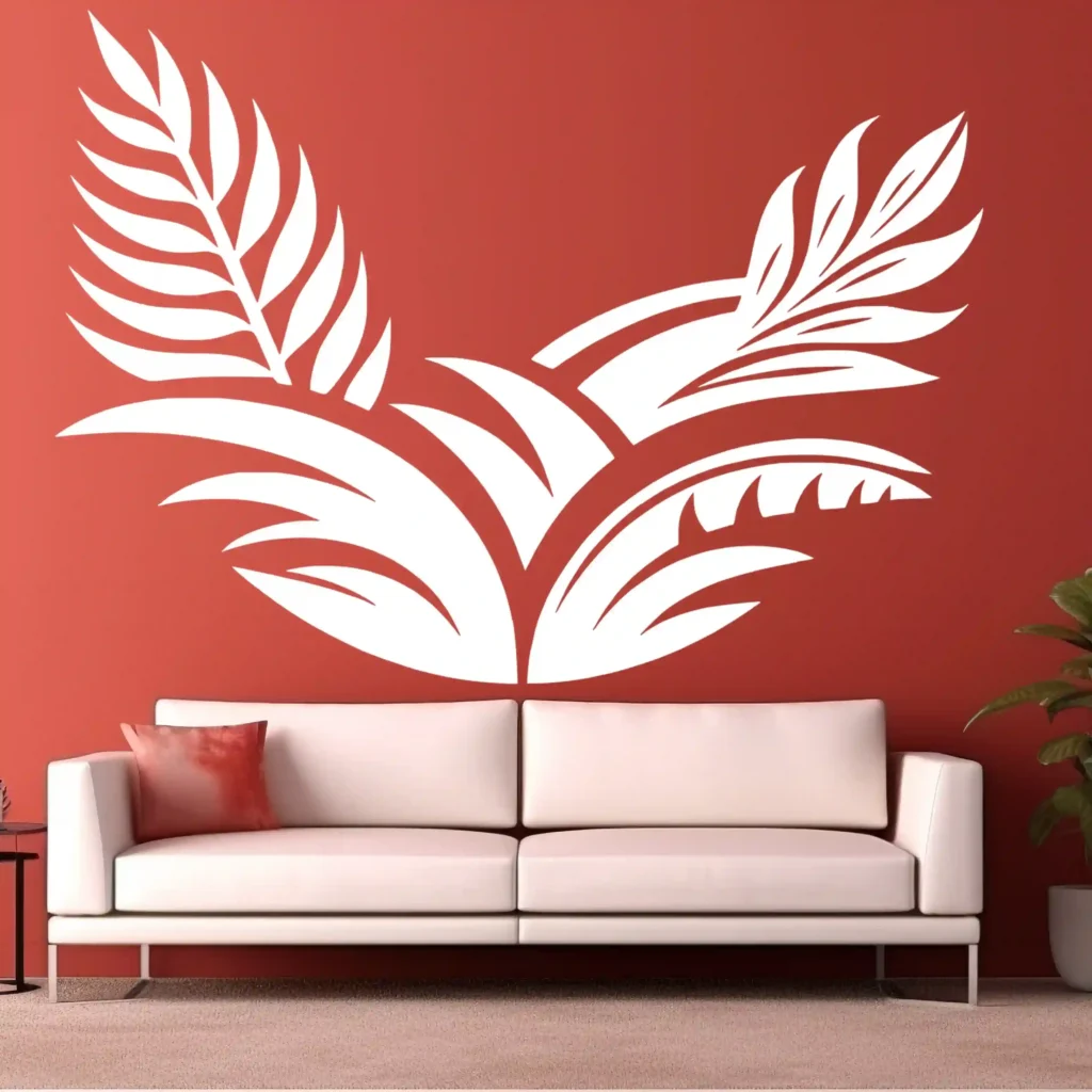 Tropical Botanical Wall Sticker in White Above a Cream Sofa on a Bold Red Feature Wall