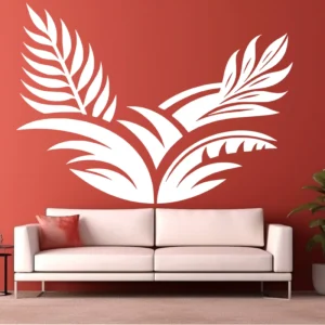 Tropical Botanical Wall Sticker in White Above a Cream Sofa on a Bold Red Feature Wall