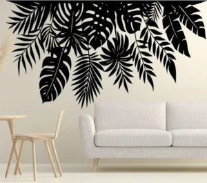 Tropical Leaf Canopy Wall Sticker in Black Above Neutral Sofa on Beige Wall