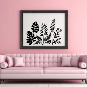 Tropical Leaf Cluster Wall Sticker Displayed Above a Pink Sofa in a Framed Wall Layout