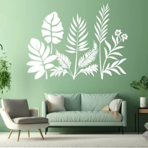 Tropical Leaf Cluster Wall Sticker in White Vinyl on a Green Living Room Wall