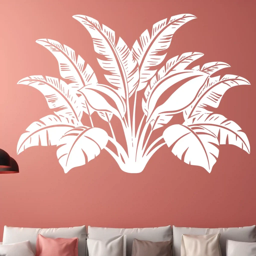 White Banana Leaf Wall Sticker Creating Tropical Feature Above Sofa on Coral Wall in Modern Interior