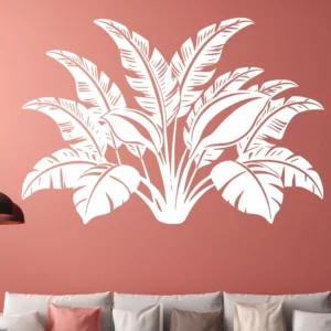 White Banana Leaf Wall Sticker Creating Tropical Feature Above Sofa on Coral Wall in Modern Interior