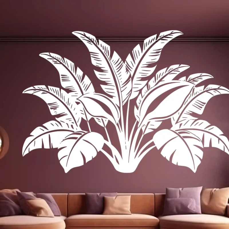 White Tropical Banana Leaf Cluster Wall Sticker Above Sofa in Modern Living Room with Warm Brown Wall | Stickers on Wall