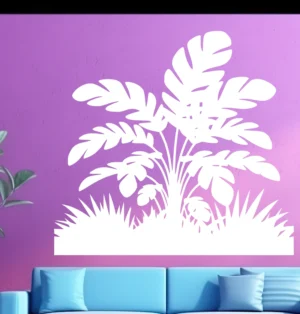 White Tropical Jungle Floor Wall Sticker Above Blue Sofa on Vibrant Pink Wall