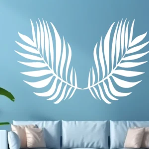 White Tropical Palm Leaf Arch Wall Sticker Above Sofa on Blue Wall in Modern Living Room