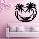 Hammock Palm Wall Sticker Above Sofa on Pink Wall with Tropical Decor | Stickers on Wall
