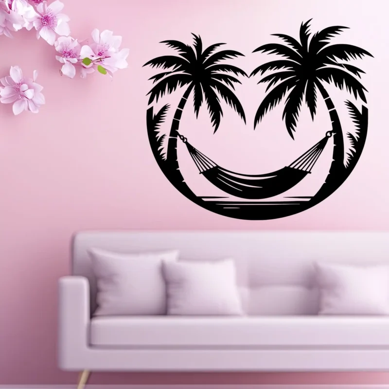 Hammock Palm Wall Sticker Above Sofa on Pink Wall with Tropical Decor | Stickers on Wall