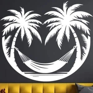 Hammock Palm Wall Sticker on Dark Feature Wall Above Modern Sofa