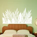 Tropical Jungle Headboard Wall Sticker Above Wooden Bed on Green Wall in Modern Bedroom | Stickers on Wall