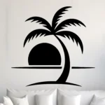 Tropical Palm Sunset Wall Sticker in Black Vinyl Above Sofa on Neutral Wall | Stickers on Wall