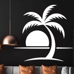 Tropical Palm Sunset Wall Sticker in White Vinyl Above Sofa on Dark Feature Wall